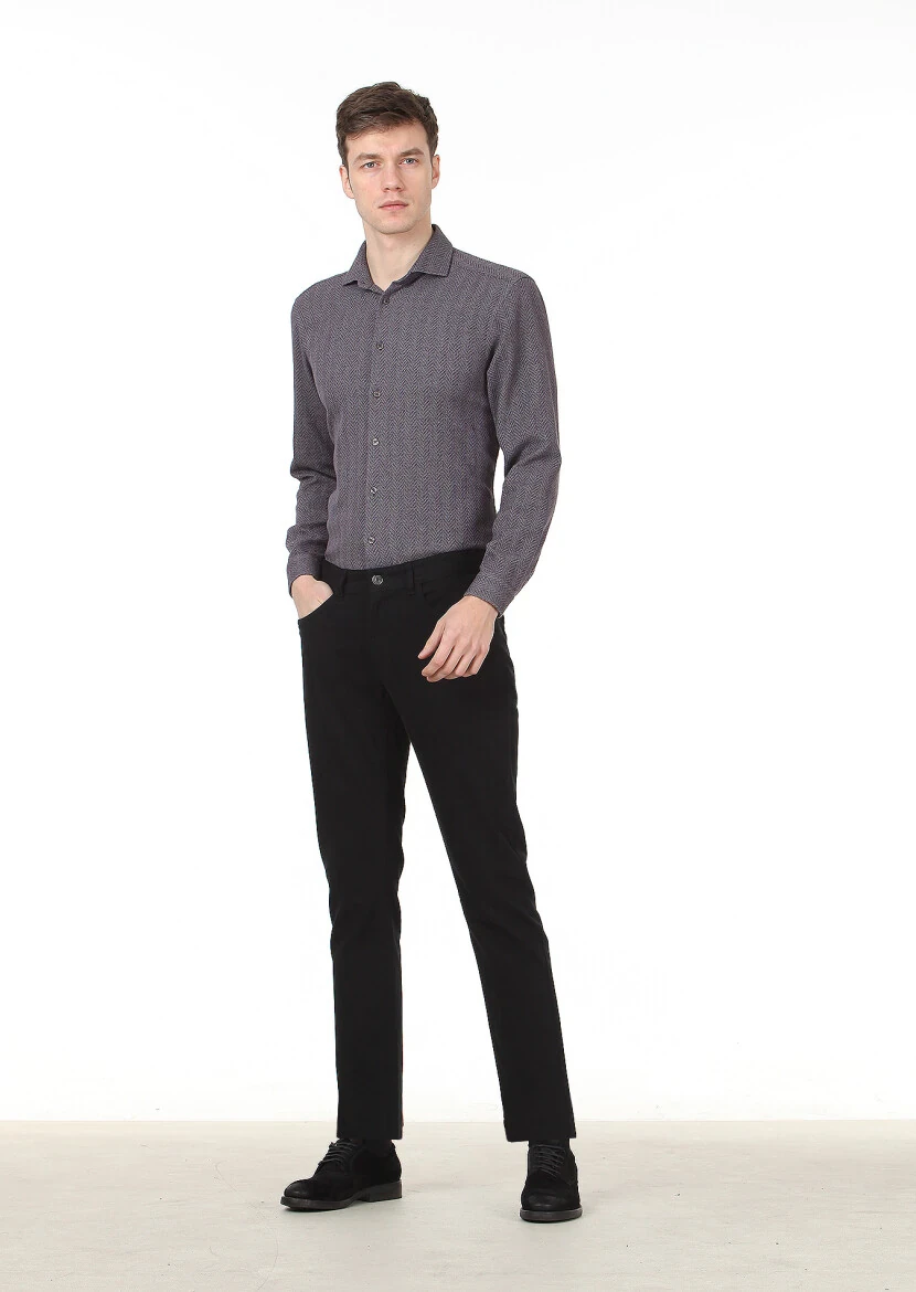 Siyah Düz Dokuma Slim Fit Casual Pamuk Karışımlı Pantolon 