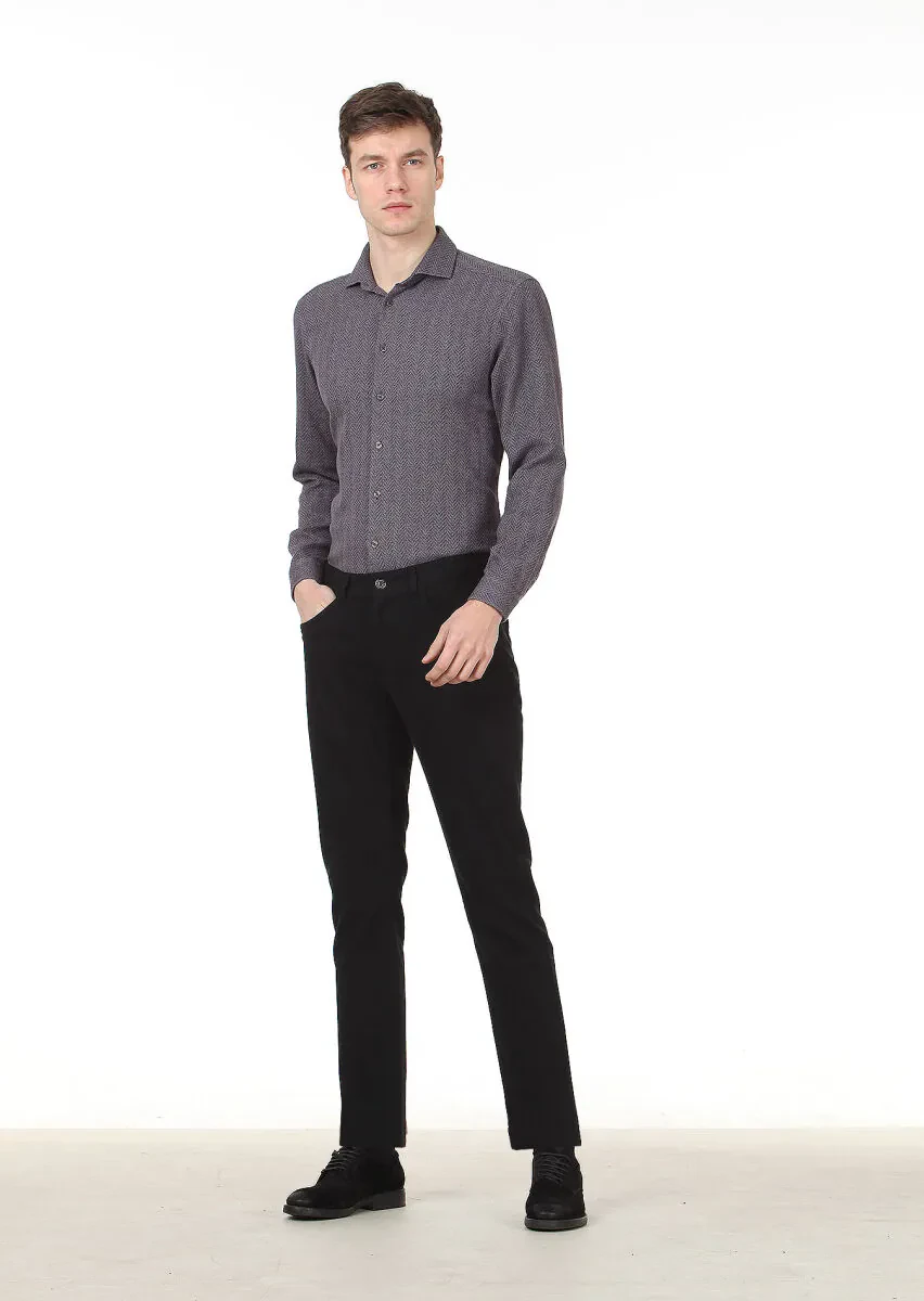 Siyah Düz Dokuma Slim Fit Casual Pamuk Karışımlı Pantolon - 2