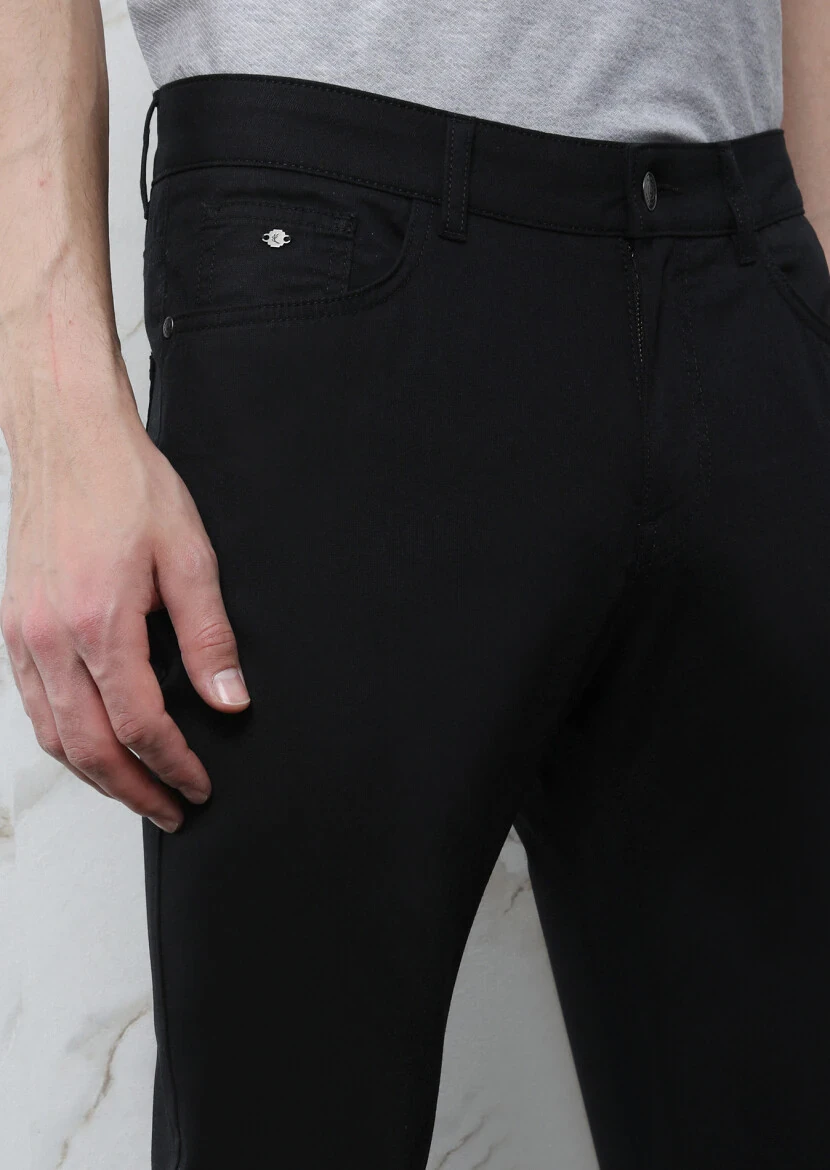 Siyah Düz Dokuma Slim Fit Casual Pamuk Karışımlı Pantolon - 3
