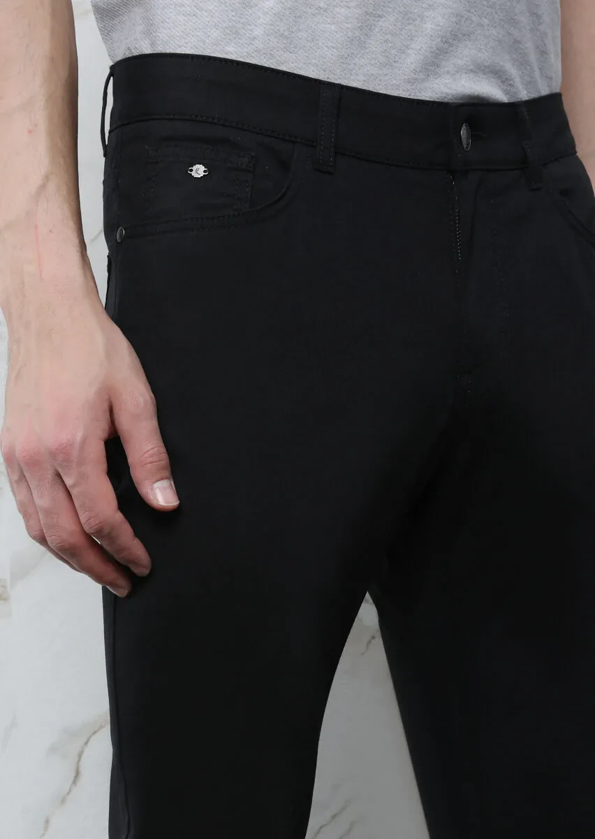 Siyah Düz Dokuma Slim Fit Casual Pamuk Karışımlı Pantolon - 3