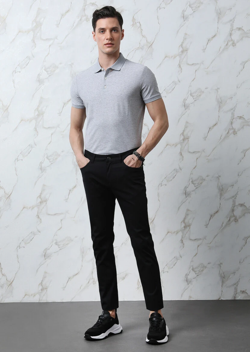 Siyah Düz Dokuma Slim Fit Casual Pamuk Karışımlı Pantolon - 4