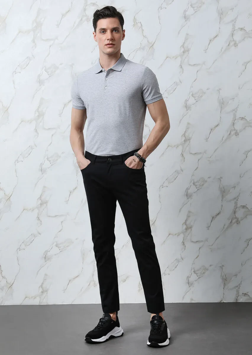 Siyah Düz Dokuma Slim Fit Casual Pamuk Karışımlı Pantolon - 4