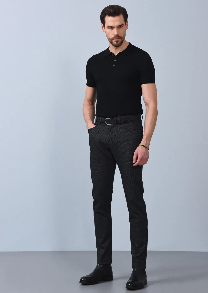 Siyah Düz Dokuma Slim Fit Casual Pamuk Karışımlı Pantolon - 1