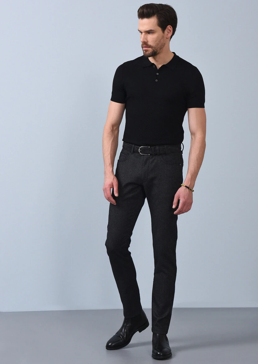 Siyah Düz Dokuma Slim Fit Casual Pamuk Karışımlı Pantolon - 2
