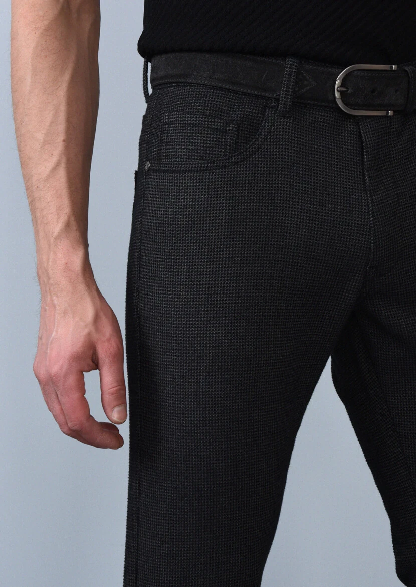 Siyah Düz Dokuma Slim Fit Casual Pamuk Karışımlı Pantolon - 4