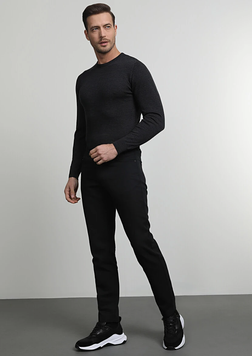 Siyah Düz Dokuma Slim Fit Casual Pamuk Karışımlı Pantolon - 1