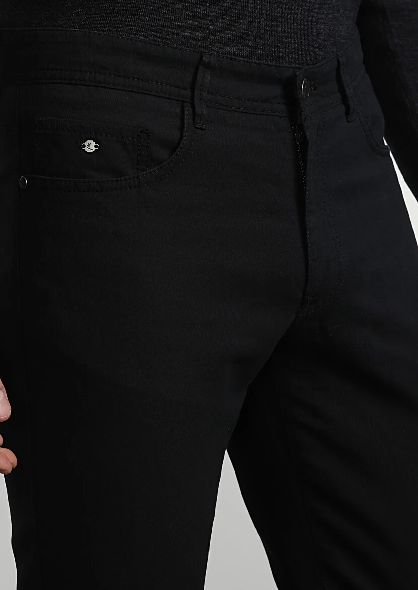 Siyah Düz Dokuma Slim Fit Casual Pamuk Karışımlı Pantolon - 2