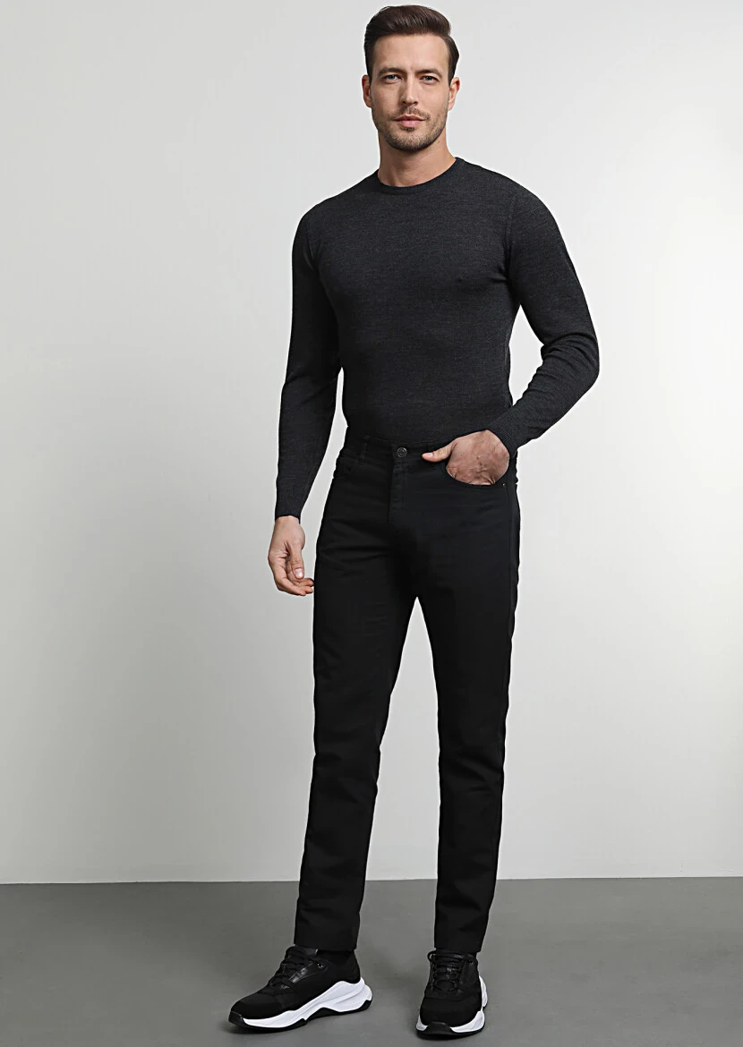 Siyah Düz Dokuma Slim Fit Casual Pamuk Karışımlı Pantolon - 3