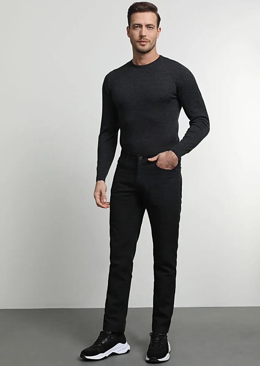 Siyah Düz Dokuma Slim Fit Casual Pamuk Karışımlı Pantolon - 3