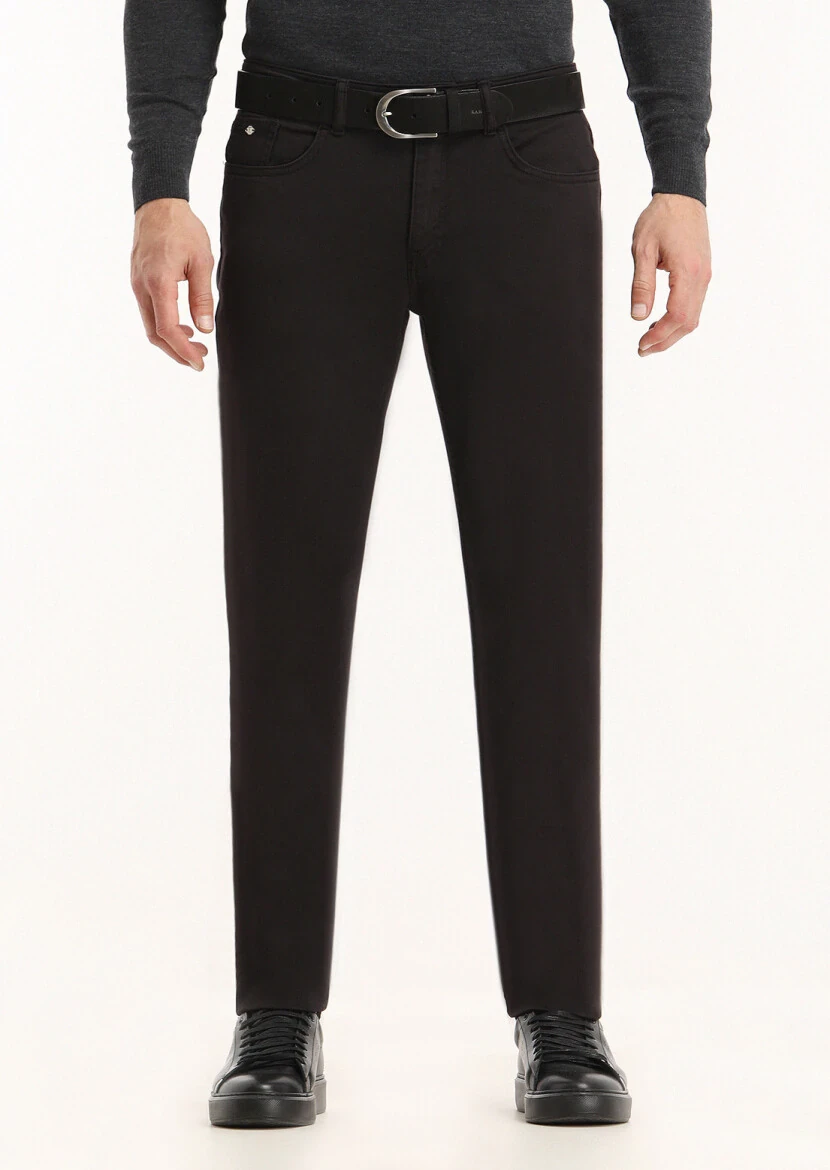 Siyah Düz Dokuma Slim Fit Casual Pamuk Karışımlı Pantolon - 2