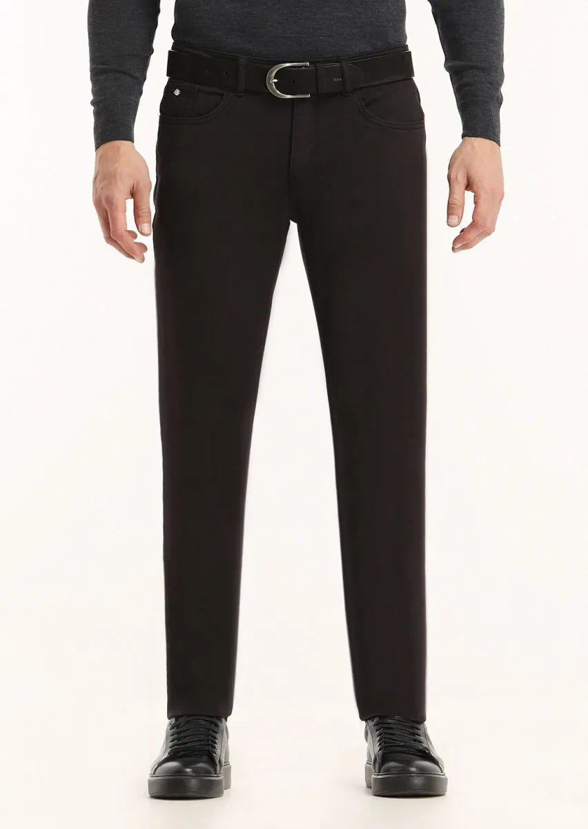 Siyah Düz Dokuma Slim Fit Casual Pamuk Karışımlı Pantolon - 2