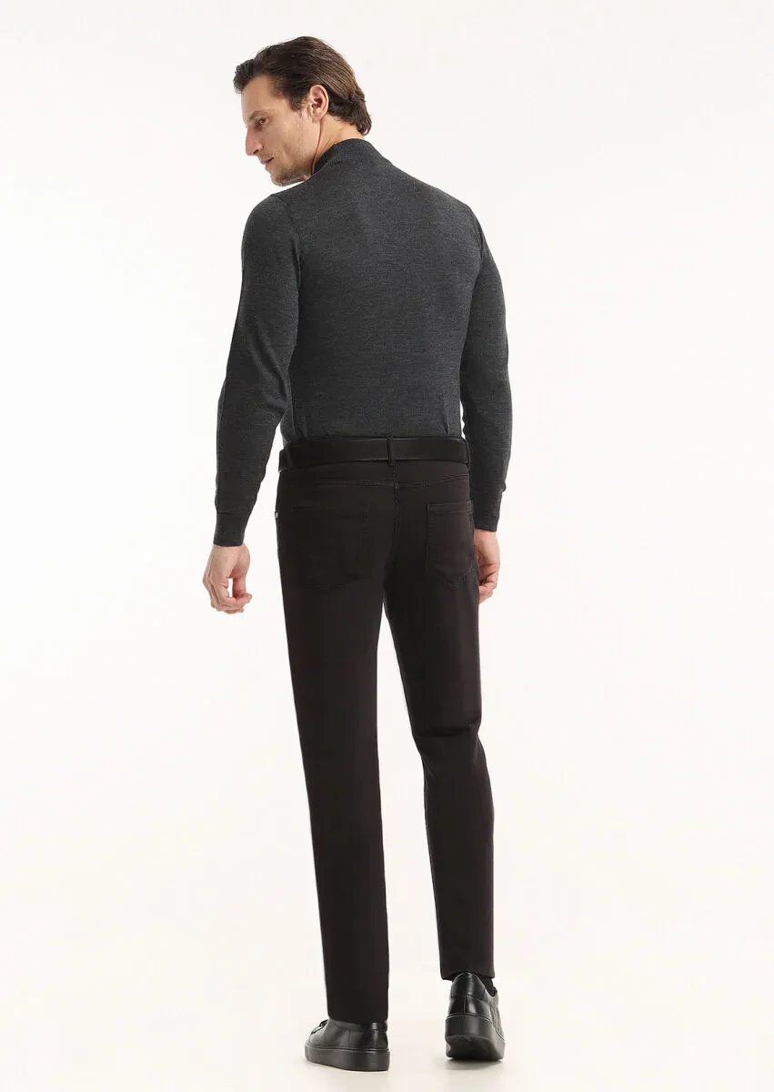 Siyah Düz Dokuma Slim Fit Casual Pamuk Karışımlı Pantolon - 4