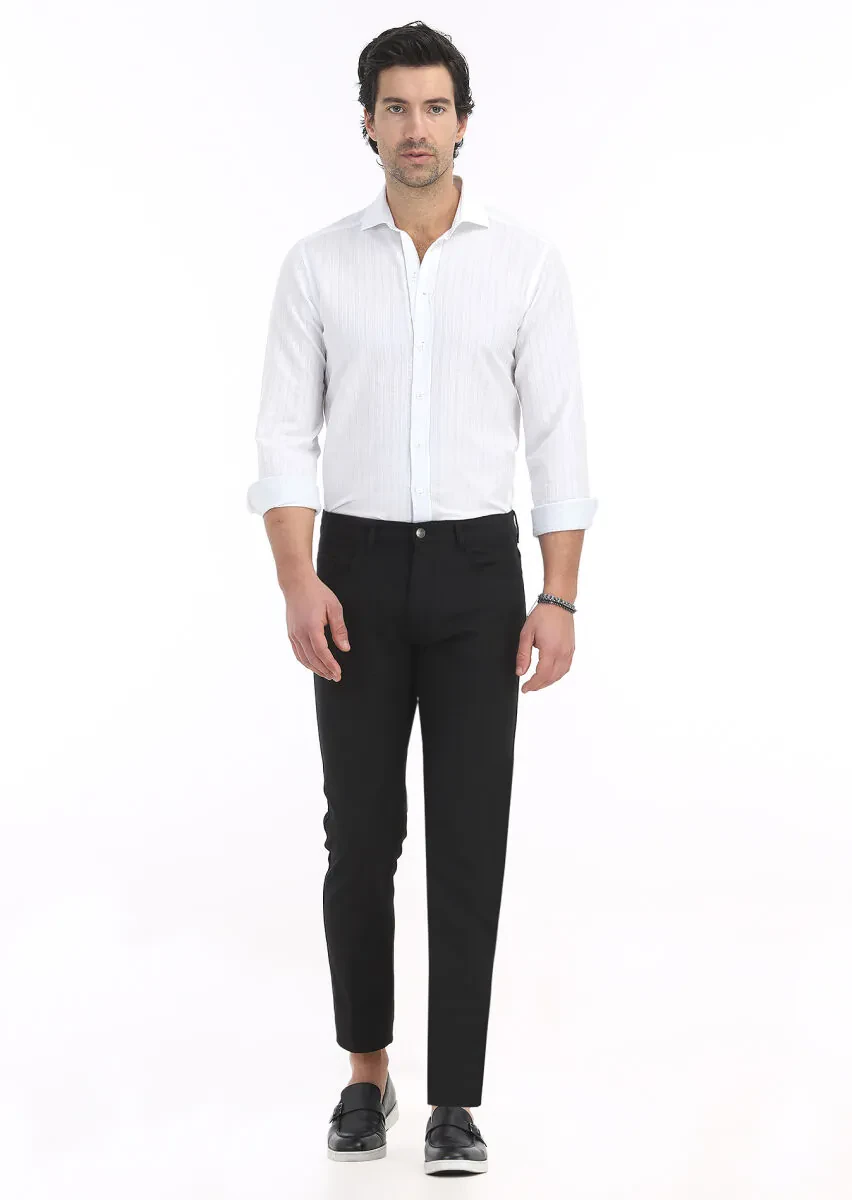 Siyah Düz Dokuma Slim Fit Casual Pamuk Karışımlı Pantolon - 1