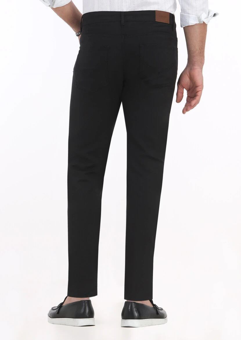 Siyah Düz Dokuma Slim Fit Casual Pamuk Karışımlı Pantolon - 4