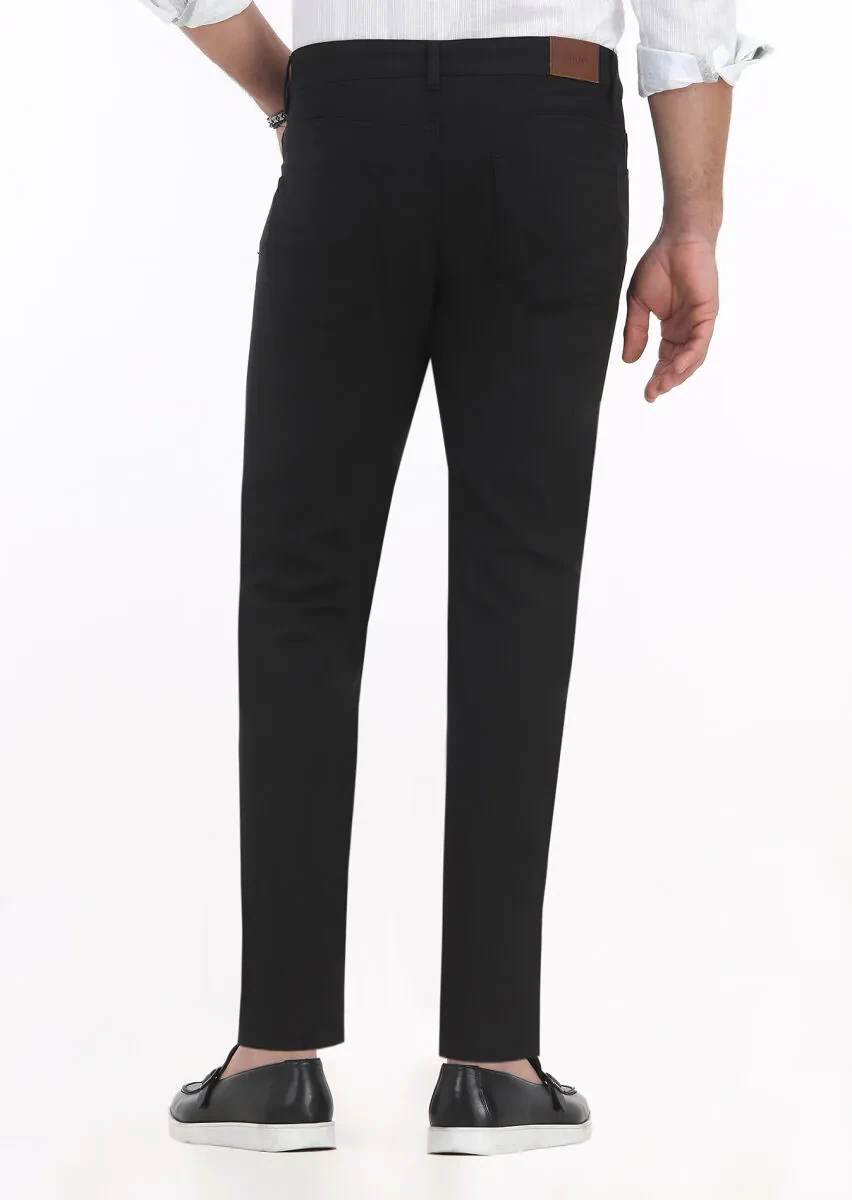 Siyah Düz Dokuma Slim Fit Casual Pamuk Karışımlı Pantolon - 4