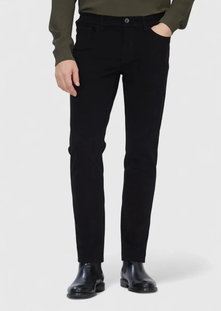 Siyah Düz Dokuma Slim Fit Casual Pamuk Karışımlı Pantolon - 2