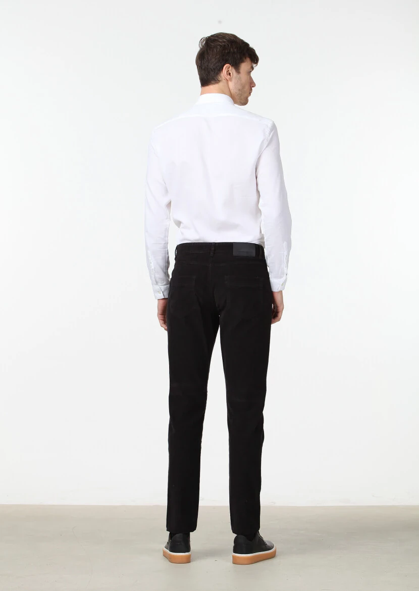 Siyah Düz Dokuma Slim Fit Kadife Casual Pamuk Karışımlı Pantolon - 4