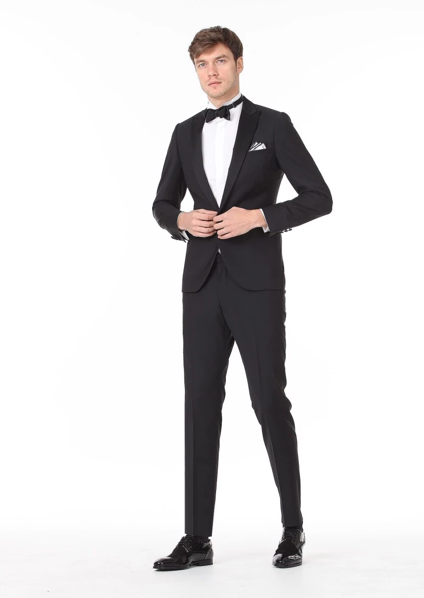 Siyah Düz Fashion Slim Fit Kruvaze Yaka Dokuma Smokin Takım Elbise - 1