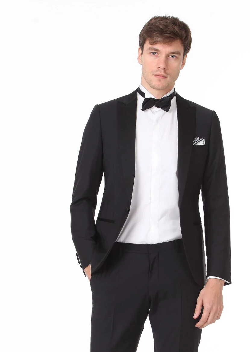 Siyah Düz Fashion Slim Fit Kruvaze Yaka Dokuma Smokin Takım Elbise - 2