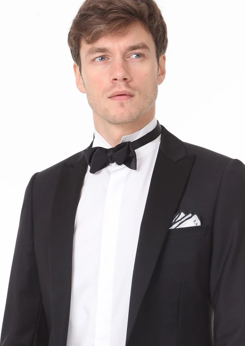 Siyah Düz Fashion Slim Fit Kruvaze Yaka Dokuma Smokin Takım Elbise - 3