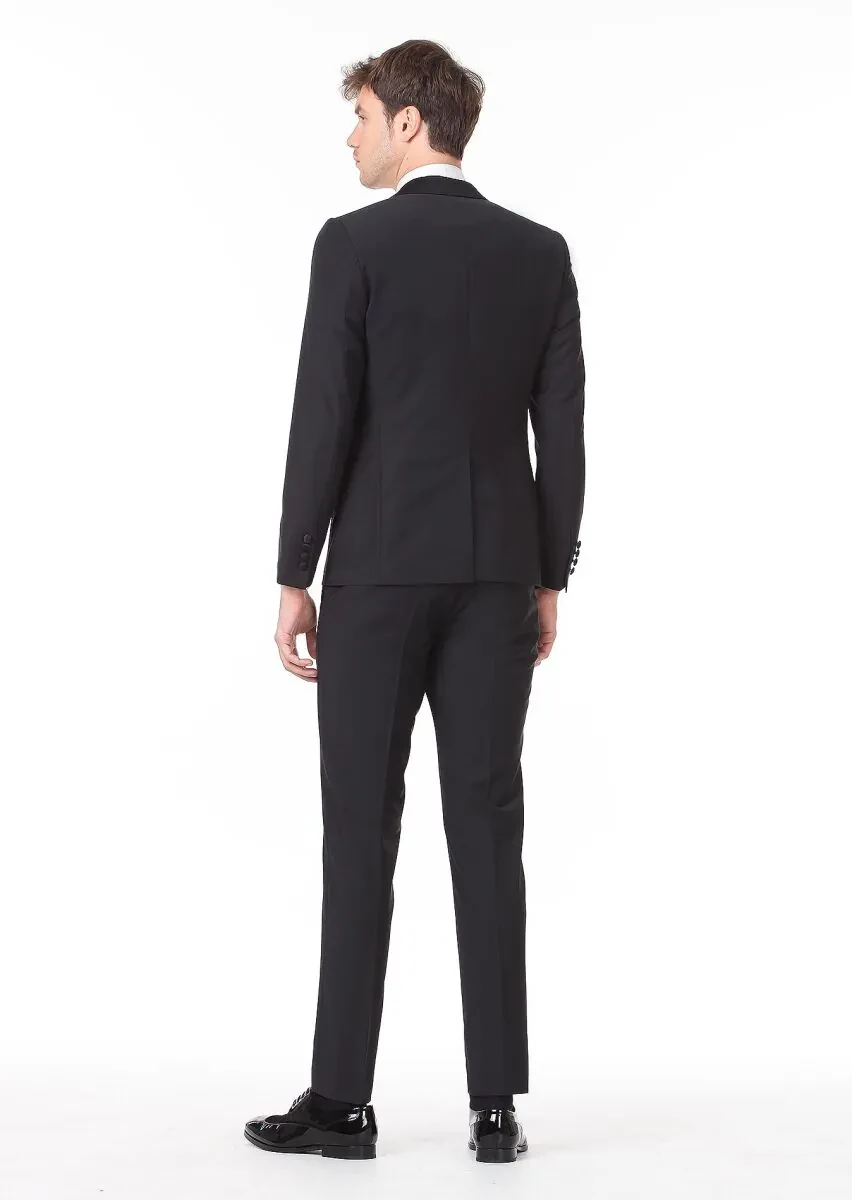 Siyah Düz Fashion Slim Fit Kruvaze Yaka Dokuma Smokin Takım Elbise - 4