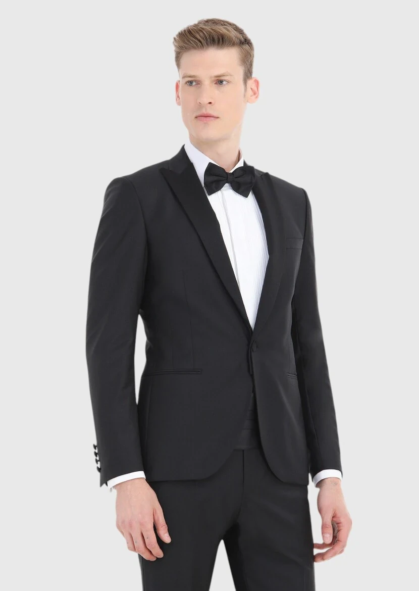 Siyah Düz Fashion Slim Fit Kruvaze Yaka Dokuma Smokin Takım Elbise - RAMSEY