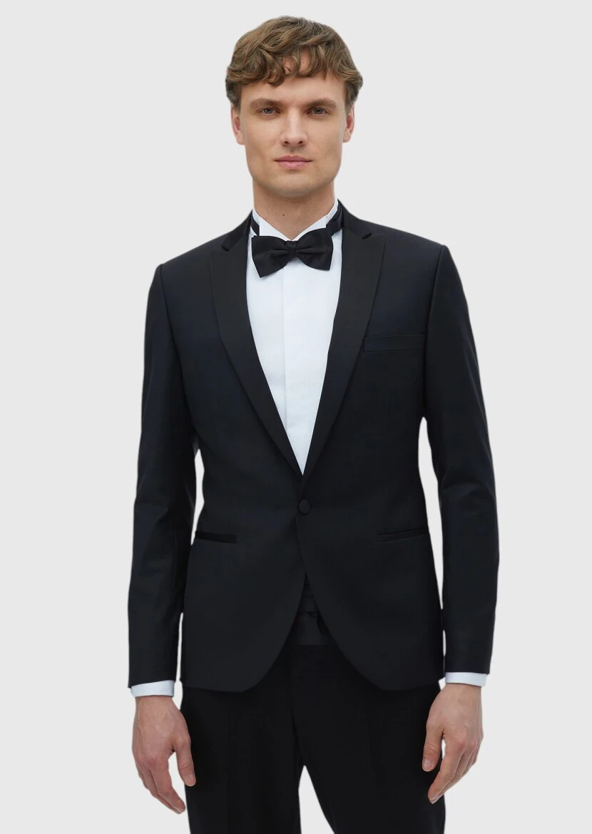 Siyah Düz Fashion Slim Fit Kruvaze Yaka Dokuma Smokin Takım Elbise - RAMSEY