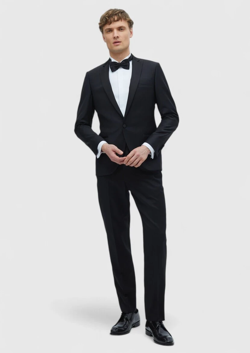 Siyah Düz Fashion Slim Fit Kruvaze Yaka Dokuma Smokin Takım Elbise - RAMSEY