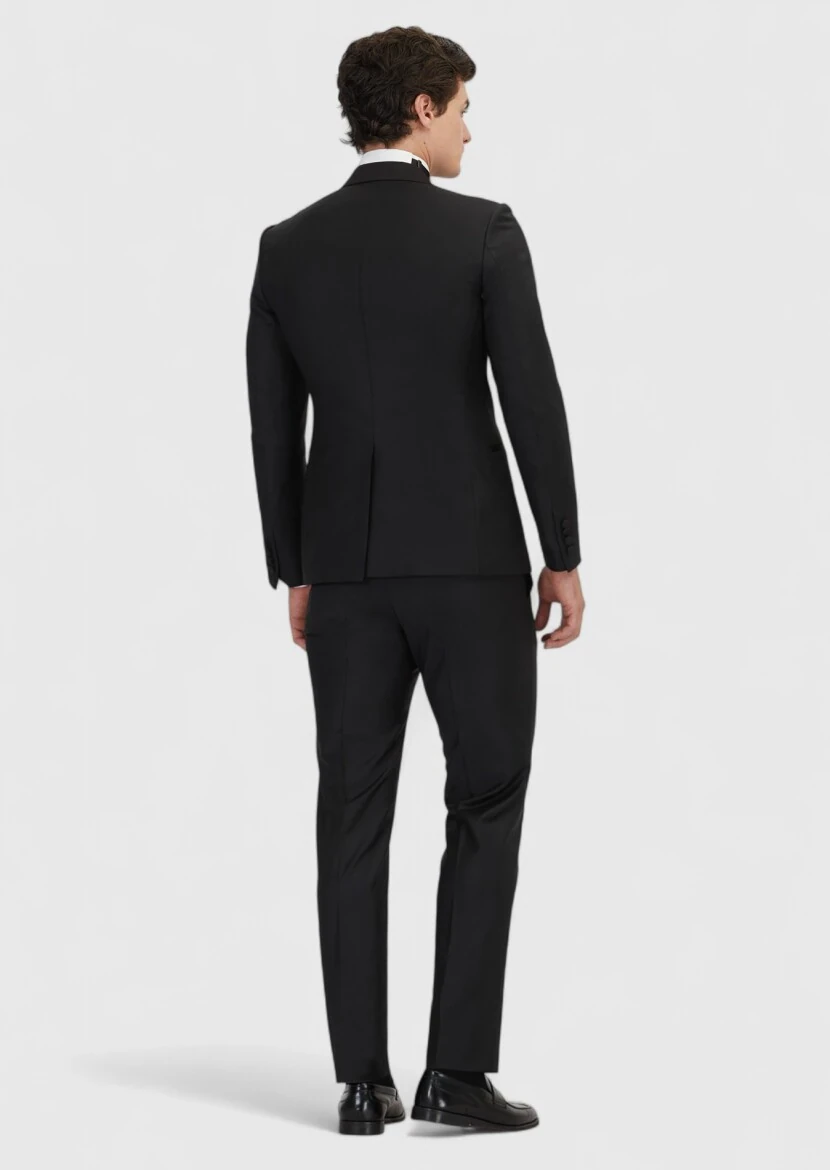 Siyah Düz Fashion Slim Fit Kruvaze Yaka Dokuma Smokin Takım Elbise - 5