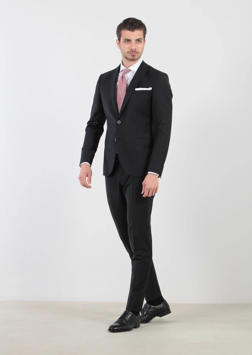 Siyah Düz Fashion Slim Fit Yün Karışımlı Takım Elbise - 1