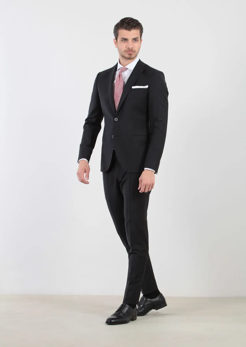 Siyah Düz Fashion Slim Fit Yün Karışımlı Takım Elbise - 1