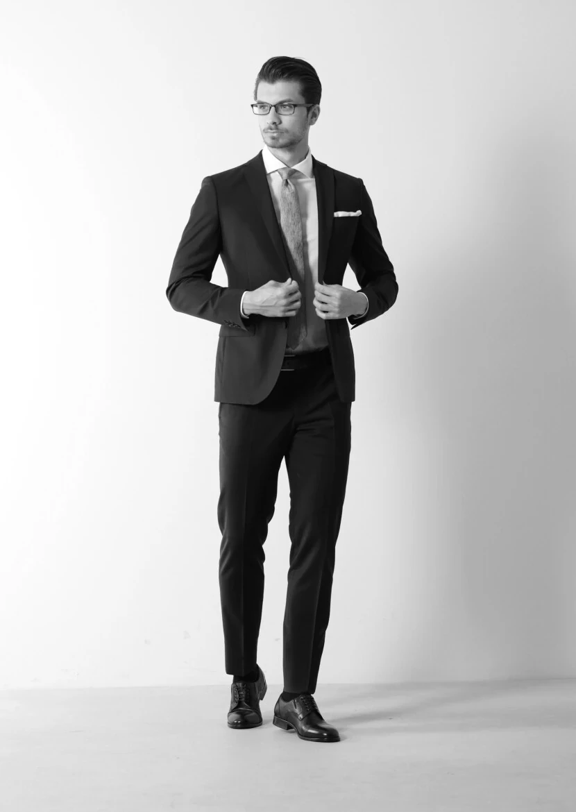 Siyah Düz Fashion Slim Fit Yün Karışımlı Takım Elbise - 2