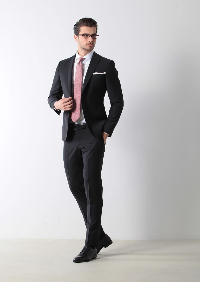 Siyah Düz Fashion Slim Fit Yün Karışımlı Takım Elbise - 3