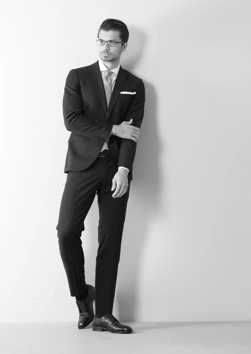 Siyah Düz Fashion Slim Fit Yün Karışımlı Takım Elbise - 4