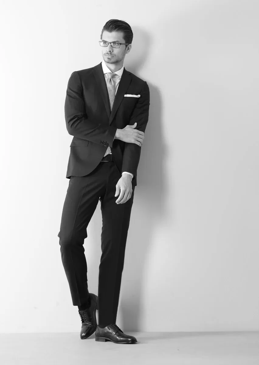 Siyah Düz Fashion Slim Fit Yün Karışımlı Takım Elbise - 4