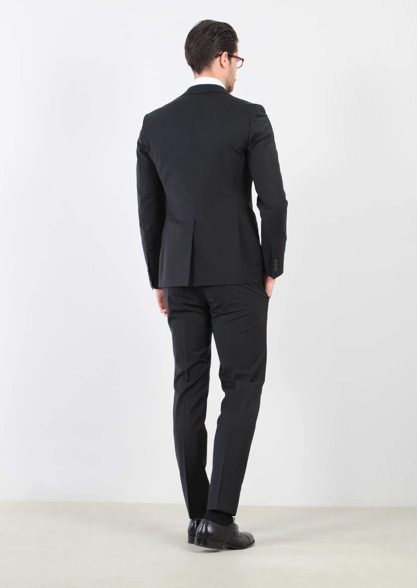 Siyah Düz Fashion Slim Fit Yün Karışımlı Takım Elbise - 6