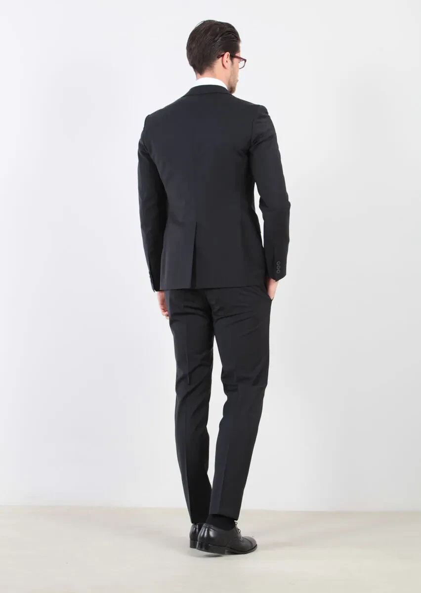 Siyah Düz Fashion Slim Fit Yün Karışımlı Takım Elbise - 6