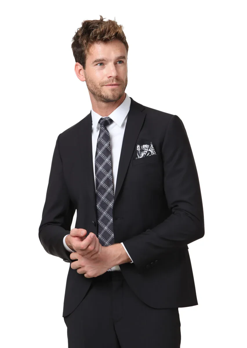 Siyah Düz Fashion Slim Fit Yün Karışımlı Takım Elbise - 1