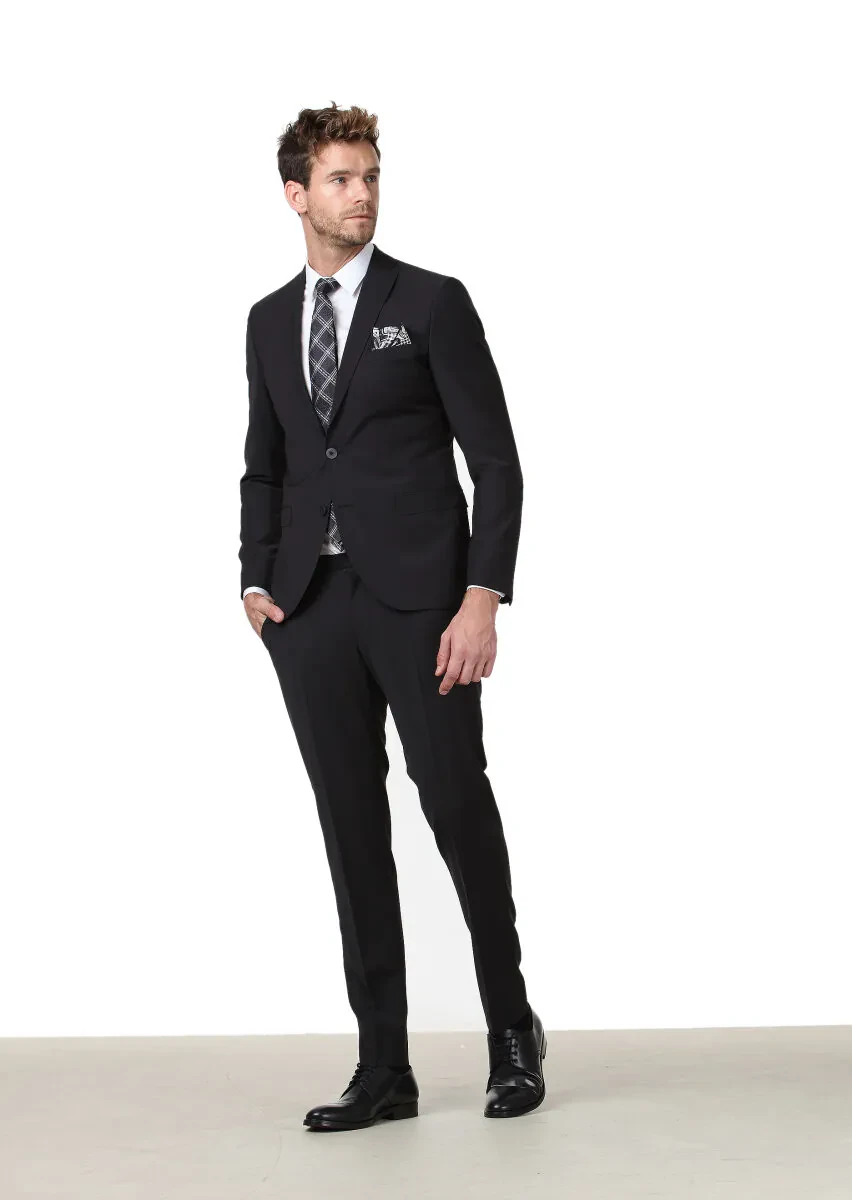 Siyah Düz Fashion Slim Fit Yün Karışımlı Takım Elbise - 2