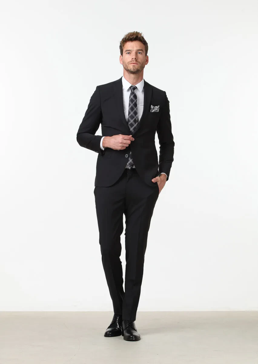 Siyah Düz Fashion Slim Fit Yün Karışımlı Takım Elbise - 3