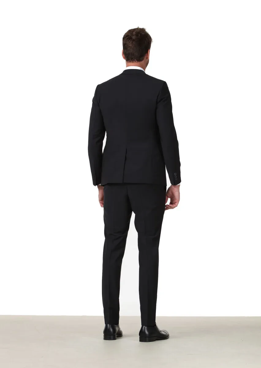 Siyah Düz Fashion Slim Fit Yün Karışımlı Takım Elbise - 5
