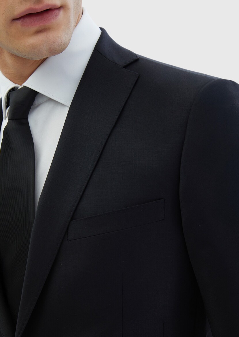 Siyah Düz Fashion Slim Fit Yün Karışımlı Takım Elbise - 4