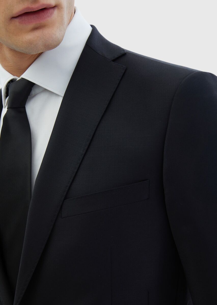 Siyah Düz Fashion Slim Fit Yün Karışımlı Takım Elbise - 4