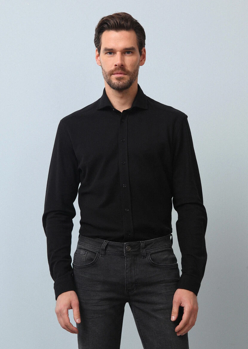 Siyah Düz Fitted Fit Casual %100 Pamuk Gömlek - 1