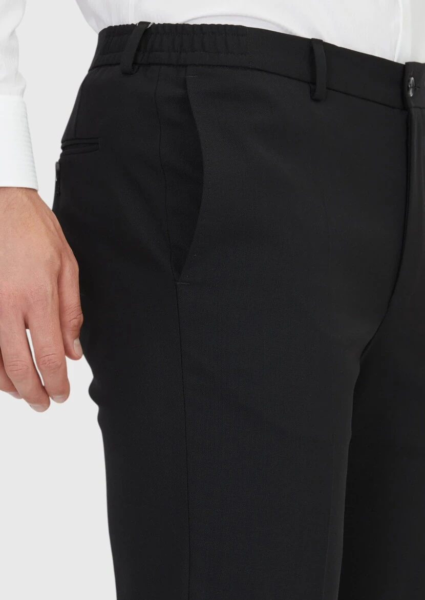 Siyah Düz Kumaş Comfort Fit Klasik %100 Yün Pantolon - 3