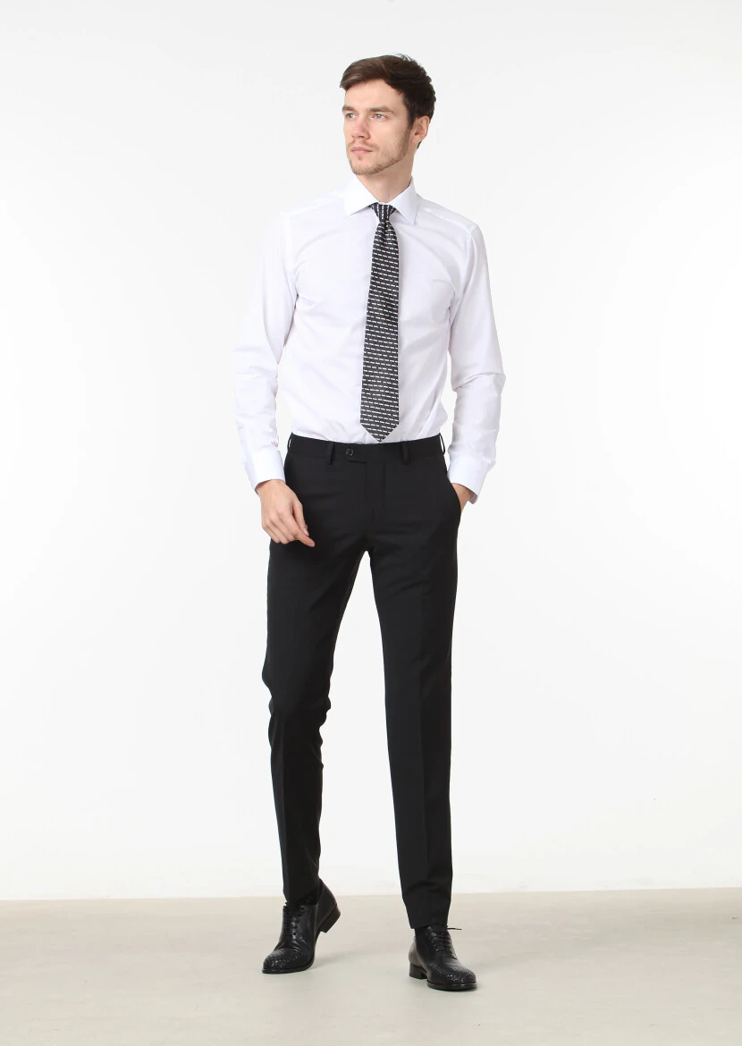 Siyah Düz Kumaş Modern Fit Klasik Yün Karışımlı Pantolon 