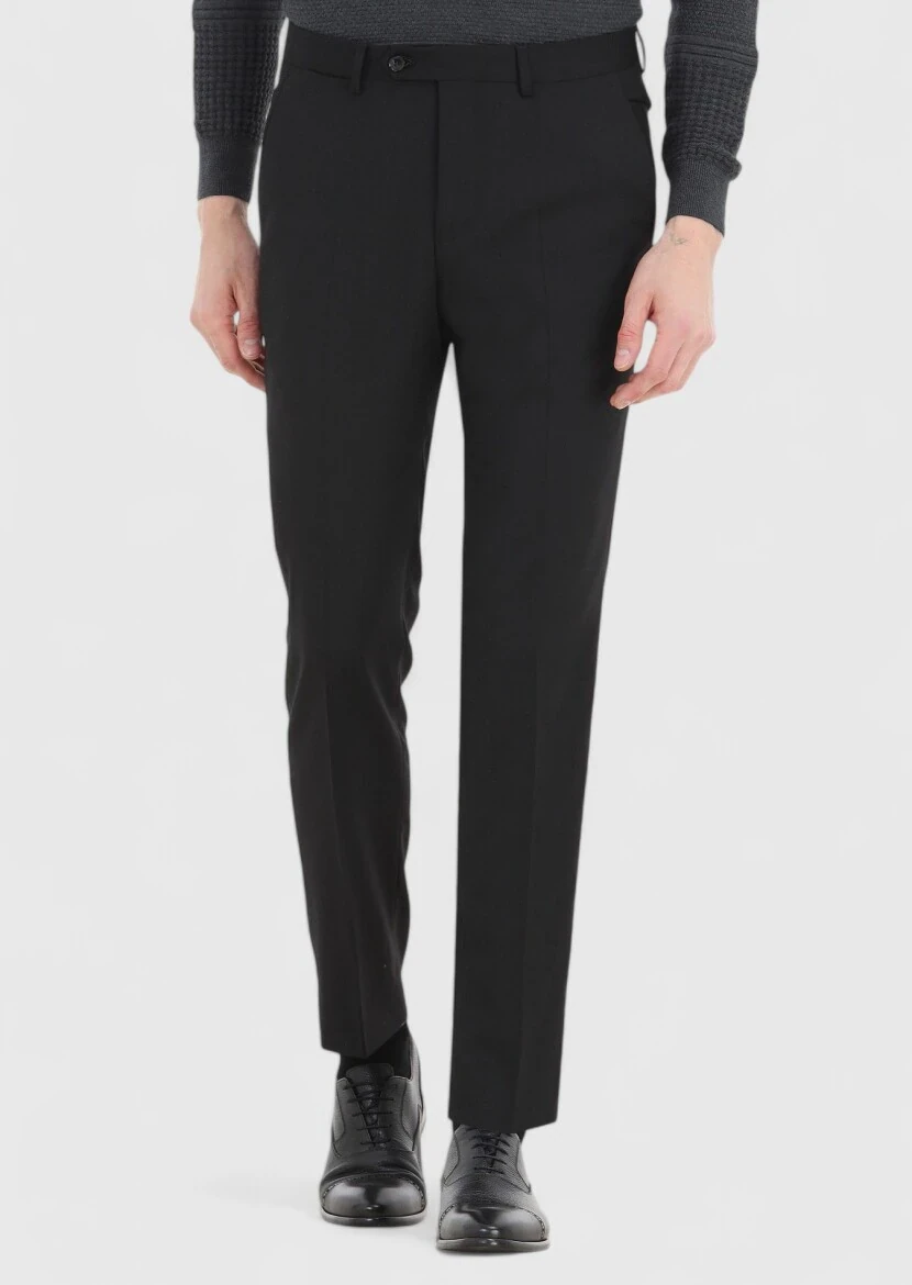 Siyah Düz Kumaş Modern Fit Klasik Yün Karışımlı Pantolon - 2