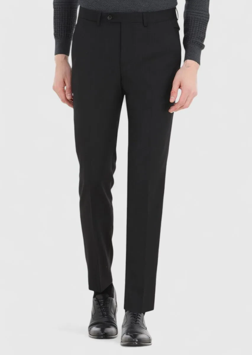 Siyah Düz Kumaş Modern Fit Klasik Yün Karışımlı Pantolon - 2