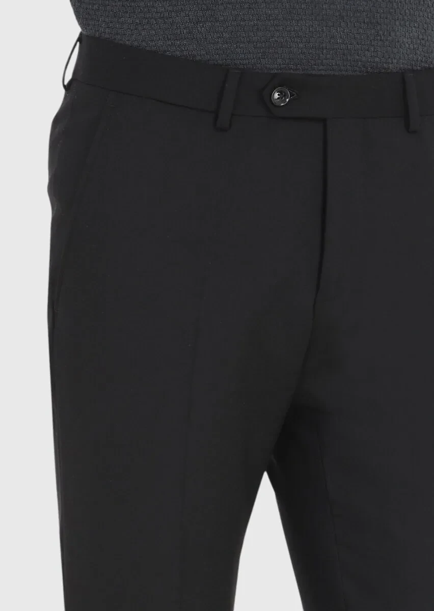 Siyah Düz Kumaş Modern Fit Klasik Yün Karışımlı Pantolon - 3