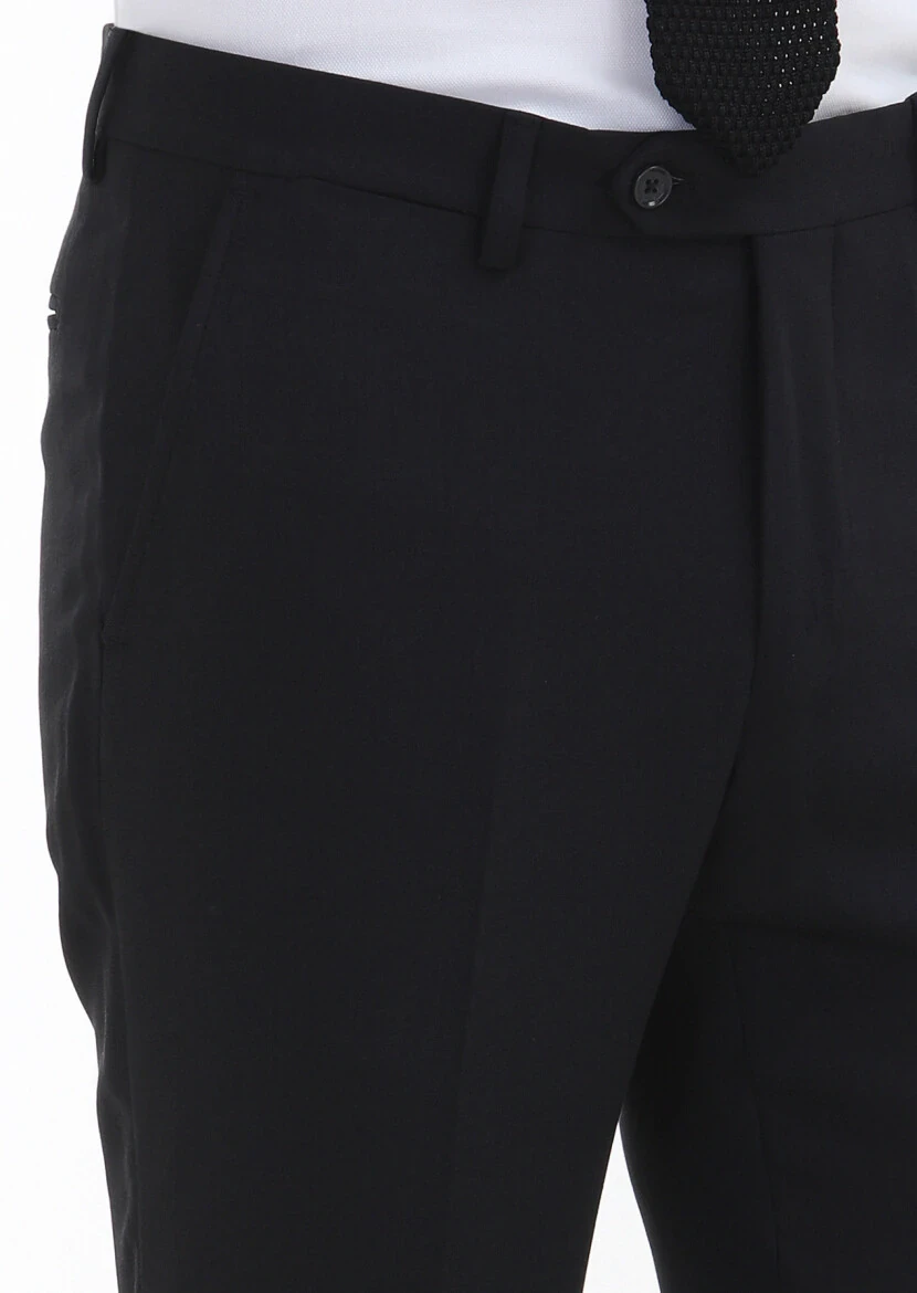 Siyah Düz Kumaş Modern Fit Klasik Yün Karışımlı Pantolon - 3